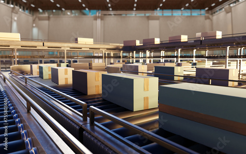 Conveyor belt with boxes. P...