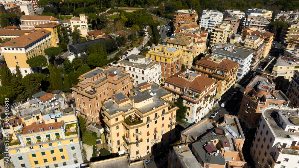 Aerial view of houses and buildings in the Parioli district in Rome, Italy. Located in the city center, it is one of the most valuable neighborhoods in the Italian capital.