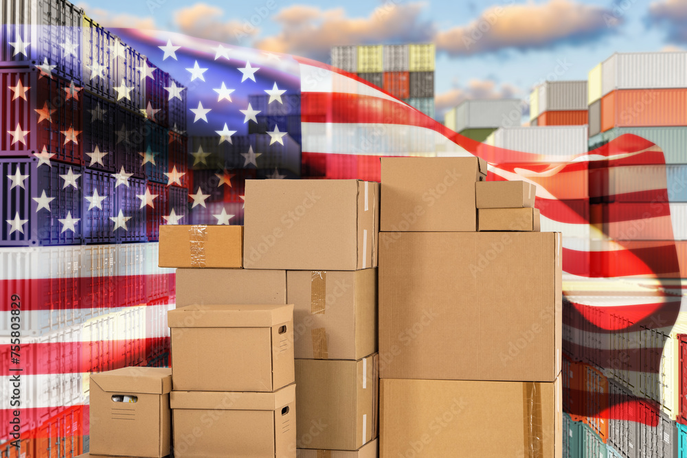 Boxes with USA flag. American logistics port. Cardboard boxes on harbor ...