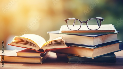 A stack of books with a pair of reading glasses