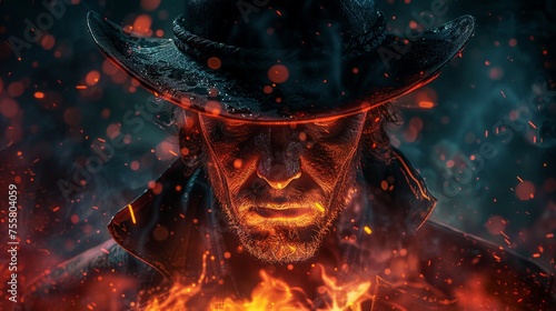 Dreamlike scene of a cowboy with a fiery red hat a look of inspiration in his eyes