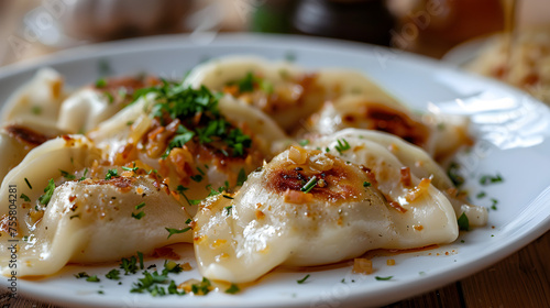 Delicious homemade dumplings garnished with herbs