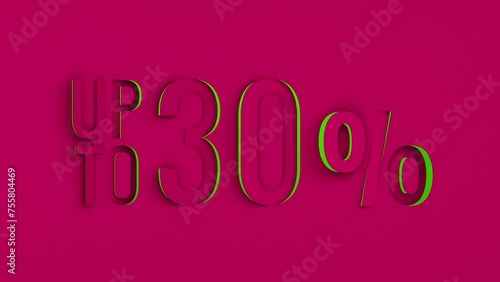 Up to 30% off sale on magenta background. Sale 30 percent on pink background discount  neon green sign. 30 percent discount sale meamless loop animation. Magenta 30% background discount off animation. (ID: 755804469)