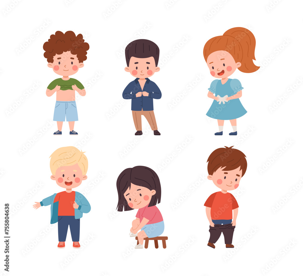 Kids dressing up set vector illustration, confident girls and boys clothes fitting by himself, cute independent children