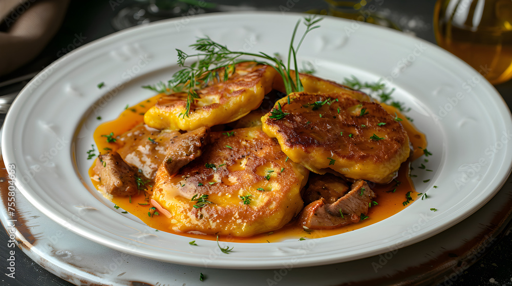 Savory grilled pork and potato dish on elegant white plate Savory grilled pork and potato dish on elegant white plate