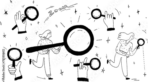 A person holding a magnifying glass, Hands with magnifying glass.