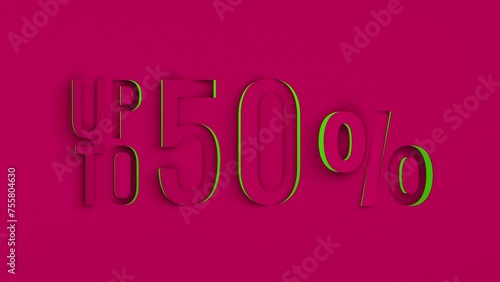 50 percent off price reduction isolated on crimson background. Green neon 50 percent discount loop animation. Discount percent off sale animation loop. (ID: 755804630)