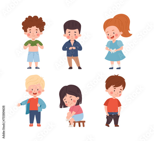 Kids dressing up set vector illustration, confident girls and boys clothes fitting by himself, cute independent children