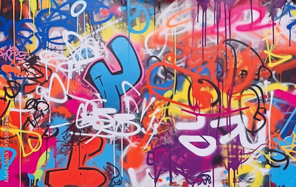 Naklejka premium Colorful abstract graffiti drawings on the wall. Generative AI