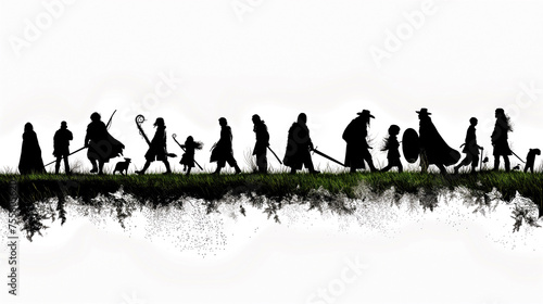 Group of people are walking in a line, some of them are wearing costumes