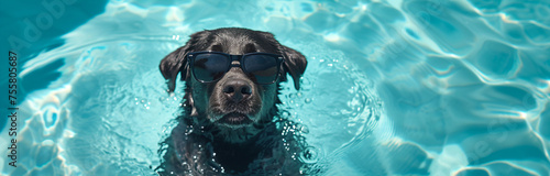 Cute funny dog wearing sunglasses and floating in a swimming pool. Happy pet swim in ocean or sea, play in the water. Travel, summer vacation, holiday concept. Creative card or banner with copy space photo