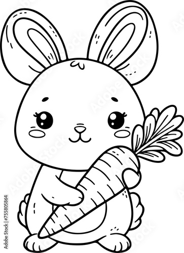 Lapin de P  ques avec carotte dans les mains    colorier  dessin id  al pour livre et activit   de coloriage enfant pendant les vacances. Dessin au trait