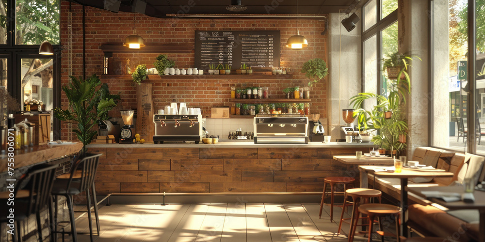 Cozy coffee shop interior with brick wall and wooden tables and stools creating a warm and inviting atmosphere