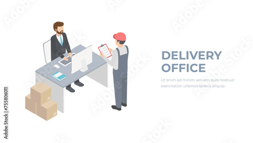 Global logistics network isometric illustration. Isometric Logistics and delivery concept. Delivery office. City logistics, courier. On-time delivery.