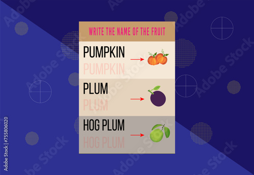 Practice writing names of fruits. Handwriting practice for kids.