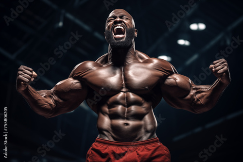Extreme strong bodybuilder screaming on dark background. Generative AI © Nomad_Soul