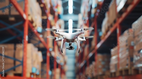 Drone in the warehouse, autonomous delivery robot is flying in storehouse shipping photo