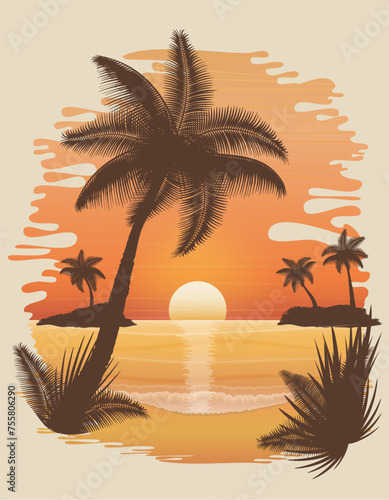 tropical seascape with sand beach sea waves sky and clouds vector illustration