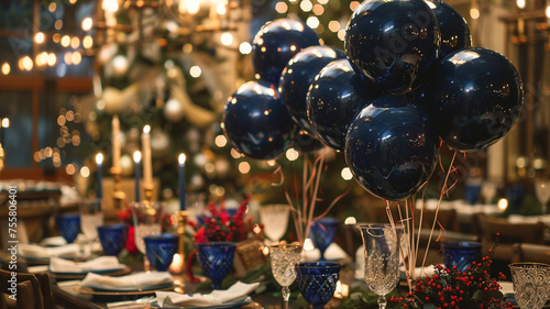 Navy blue balloons floating amidst holiday decorations, adding a touch of sophistication to the scene.