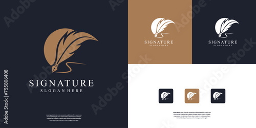 Abstract quill Feather Pen, Minimalist Signature Handwriting logo design inspiration.