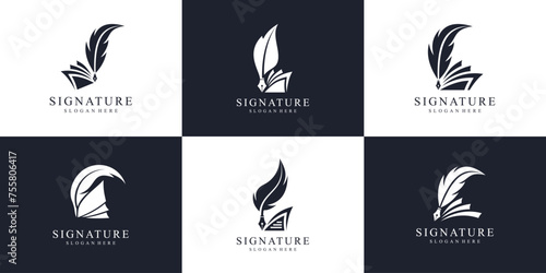Set of Signature Handwriting logo design inspiration. Symbol feather ink logo for notary, signature, note and etc.