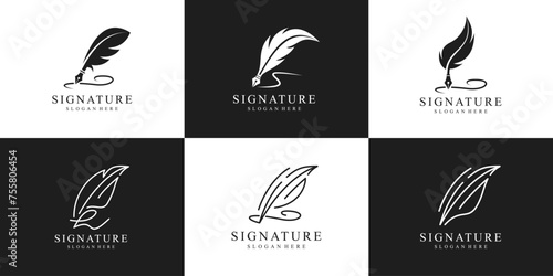 Collection of Signature Handwriting logo design template. Symbol feather ink logo for notary, signature, note and etc.