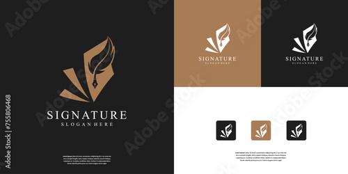 Abstract Handwriting logo design template. Simple feather ink logo for notary, signature, note and etc.