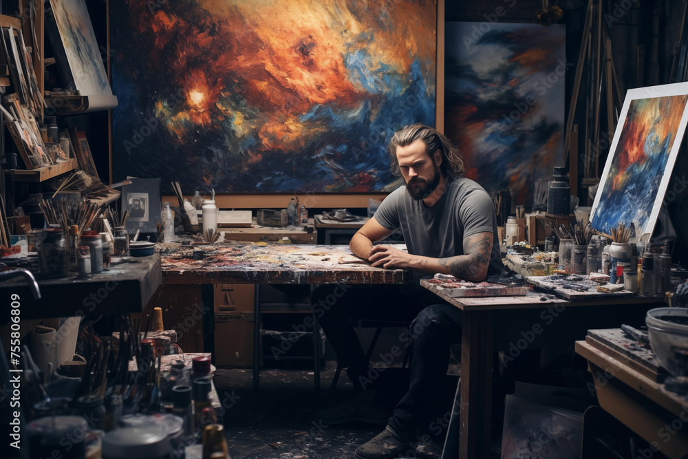 Male artist surrounded by vibrant artwork, lost in thought in a cluttered studio Male artist surrounded by vibrant artwork, lost in thought in a cluttered studio