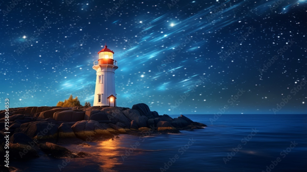 A luminous lighthouse under a starry night