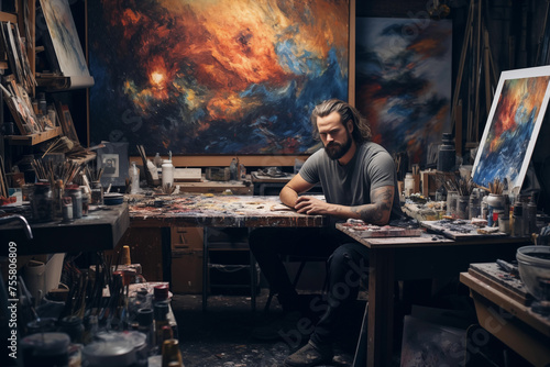 Male artist surrounded by vibrant artwork, lost in thought in a cluttered studio
