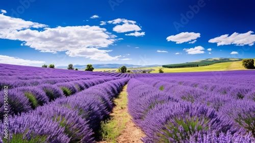 A lavender field in full bloom under a blue sky