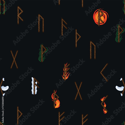 Hand drawn runic letters seamless pattern with elemental symbols. Magic signs and symbols of Scandinavian culture