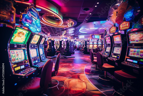Slot machines in casino. Brightly apparatus for gambling. Generative AI photo