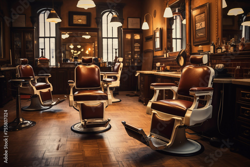 Retro barbershop interior with leather chairs and warm colors. Generative AI