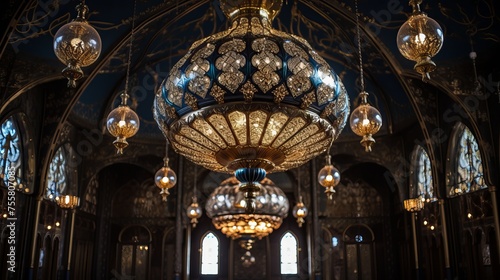 A mosque s ornate chandelier with intricate details