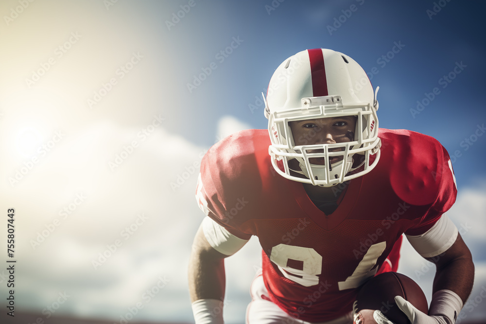 American football player outside lean forward and looking at camera. Generative AI