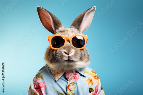 Cute Bunny Wearing Sunglasses in a Colorful Hawaiian Shirt with Space for Copy © JJAVA
