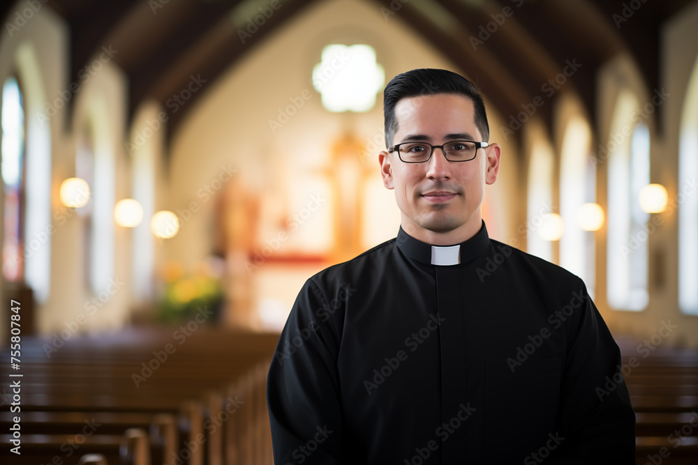 Catholic priest in church. Generative AI - obrazy, fototapety, plakaty 