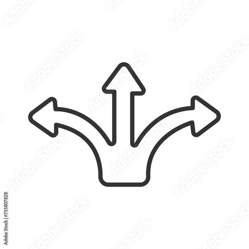 3 way direction icon. 3 way arrows vector icon. three arrow, road direction icon, way sign on white background - editable stroke. Vector illustration. Eps file 177.