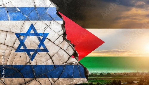 Both the Israeli flag and the Palestinian flag are made from paint crackle patterns. Concept photo