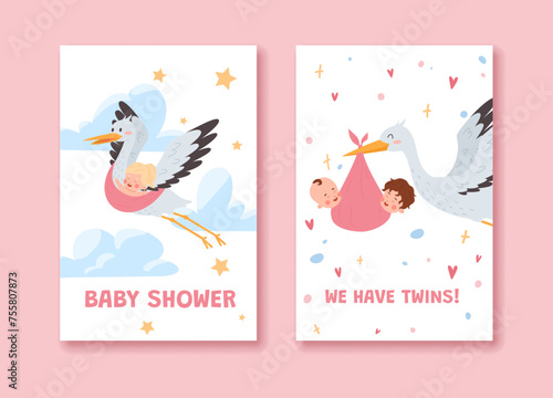 Storks carries babies, baby shower card, cartoon vector illustration