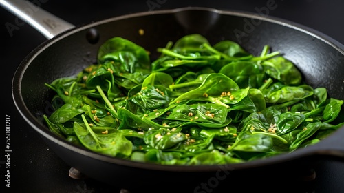 A toss of spinach leaves in a hot pan