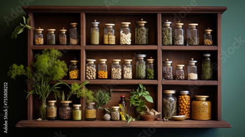A traditional ayurvedic medicine cabinet with herbs and oils