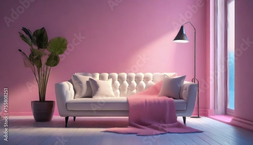 Cozy white sofa  blanket and lamp near pink wall 