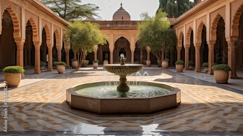 A tranquil courtyard with a central fountain in a mosque