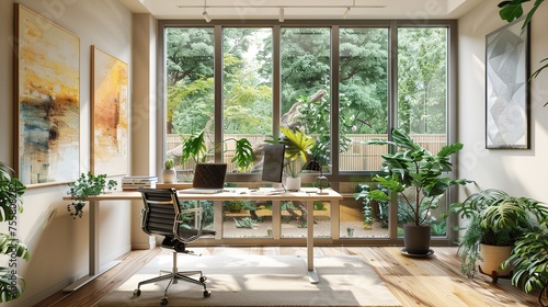 A modern home office with a standing desk, a large window overlooking a garden, and a few plants. The room is decorated with a neutral color palette and a few abstract paintings.