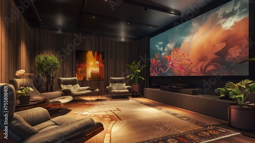 A modern home theater with a large screen, a few comfortable chairs, and a few plants. The room is decorated with a warm color palette and a few abstract paintings.