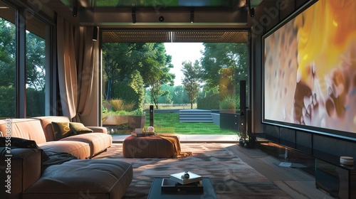 A modern home theater with a large screen, a few comfortable chairs, and a large window overlooking a garden. The room is decorated with a warm color palette and a few abstract paintings.