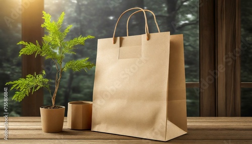 Kraft paper bag with handles, brown gift package, craft pack. High resolution of image.