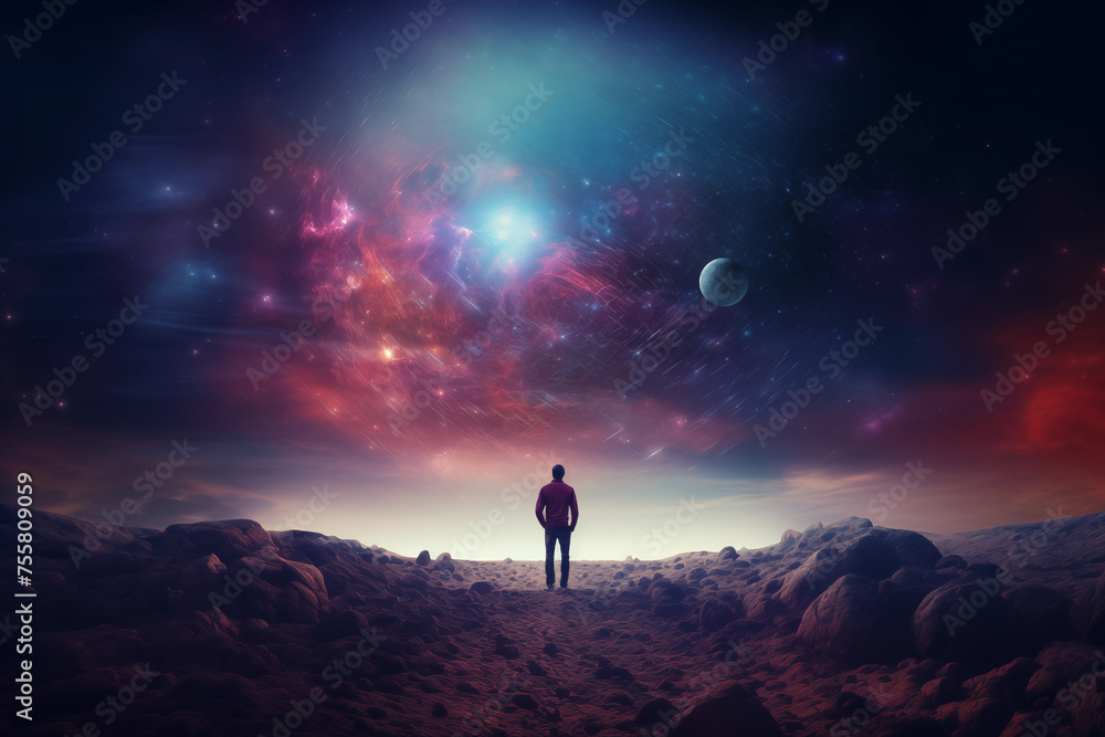 Man looking in starry sky with milky way and planet. Generative AI Man looking in starry sky with milky way and planet. Generative AI